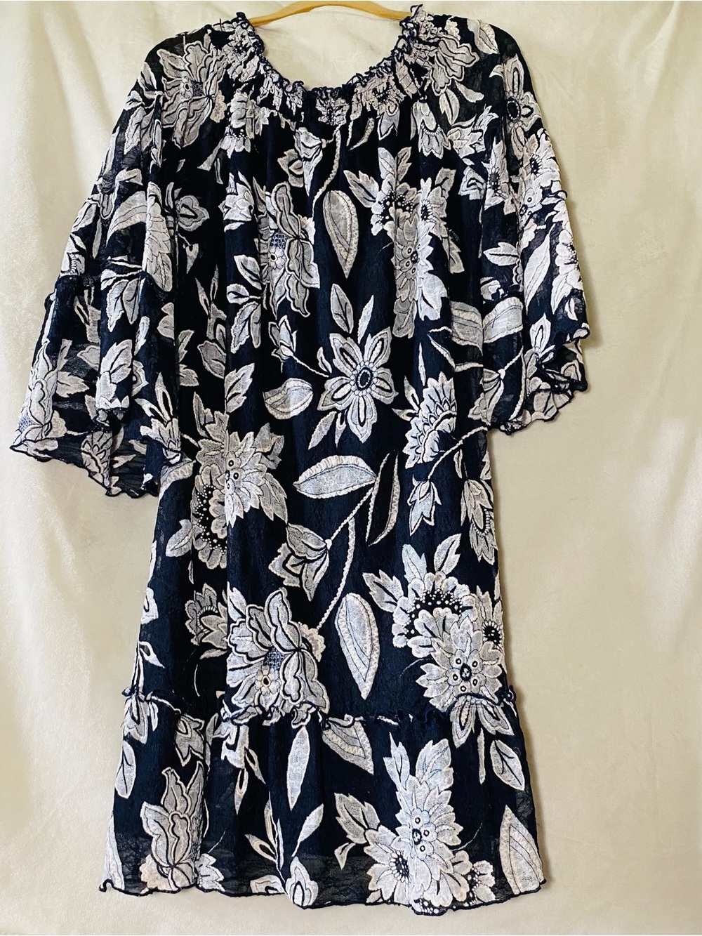 Westport Blue and White Floral Off-Shoulder Bell Sleeves Sheer Midi Dress